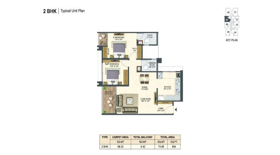 Miracle-Imperio-Towers-Typical-Floor-Plan-2 BHK-804 Sqft